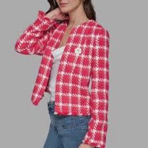 KARL LAGERFELD PARIS Women's Open-Front Tweed Jacket Pink Size 6 MSRP $189